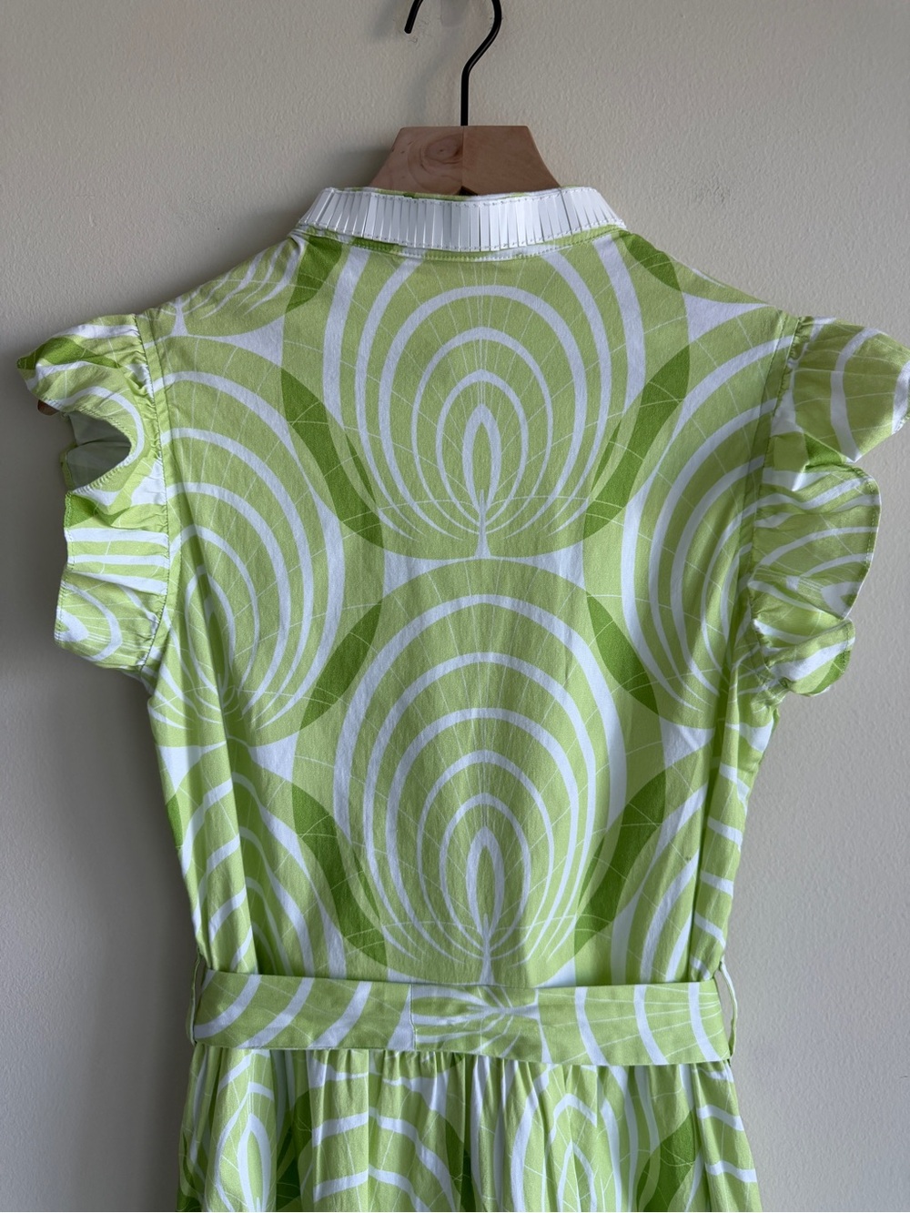Sheridan French Lime Green White Print Maxi Dress XS Flutter Sleeve Belted - Picture 8 of 13